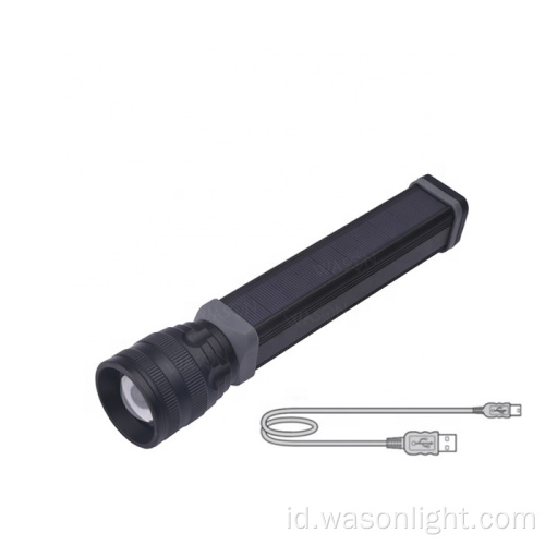 Versi Baru Zoom Terang Bentuk Panjang Bentuk Darurat Energi Surya Surya 3.7V Torch Senter LED Rechargeable dengan USB Charger